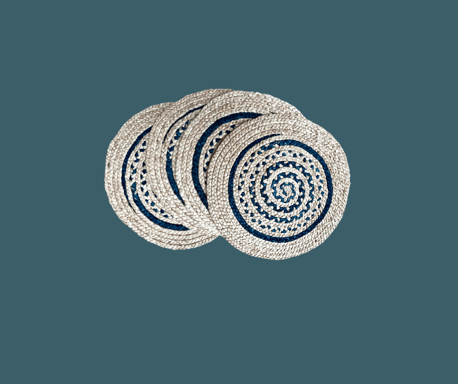 Lot de 4 x sets de table ronds en raphia naturel & bleu