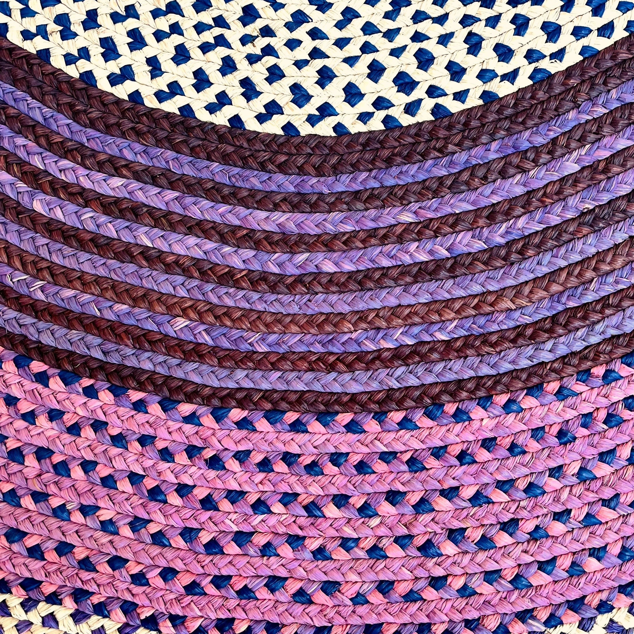 Tapis en raphia rond naturel, bleu, rose, parme et violet – 200 cm
