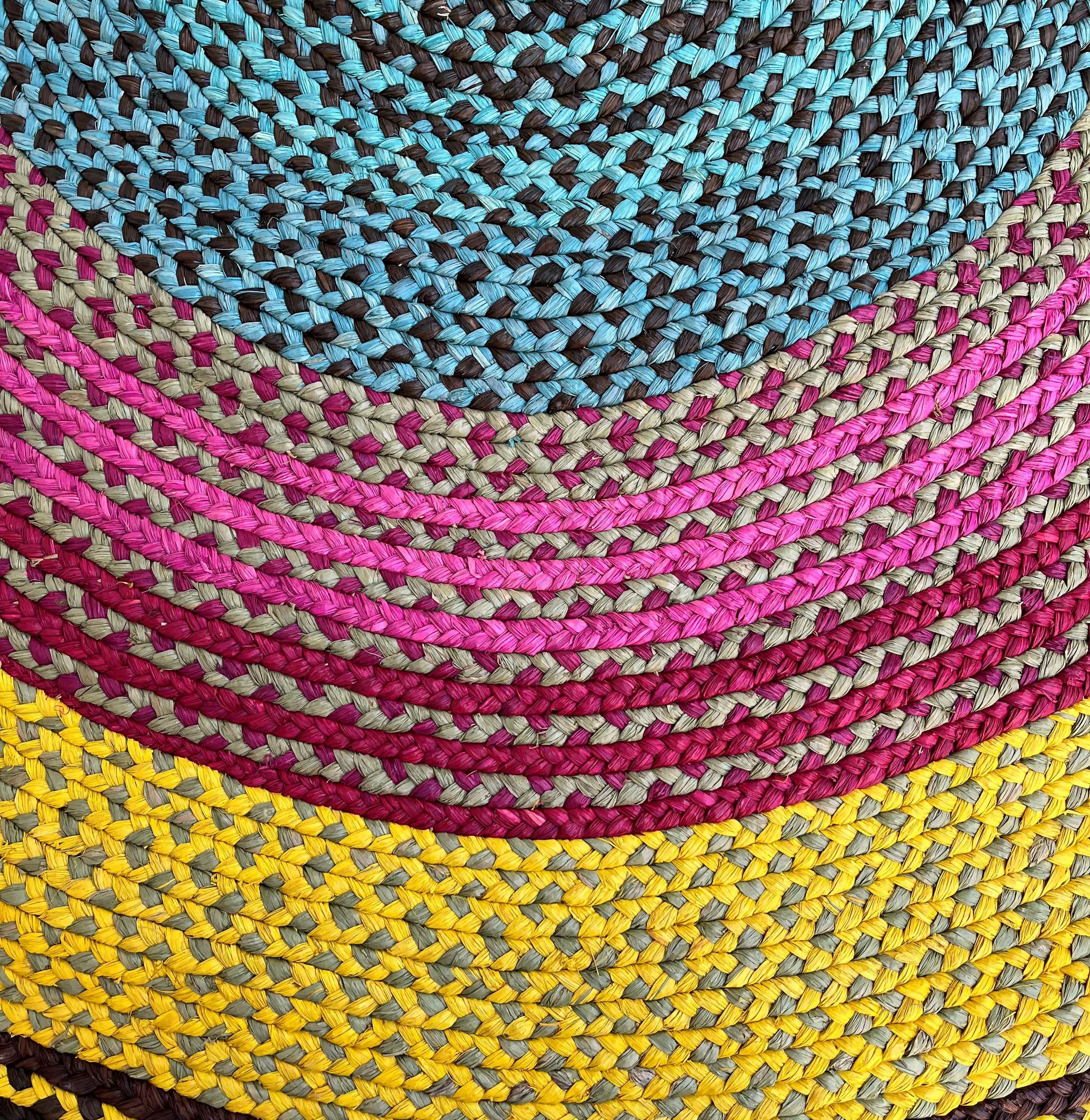Tapis en raphia rond bleu turquoise, jaune et rose – 200 cm