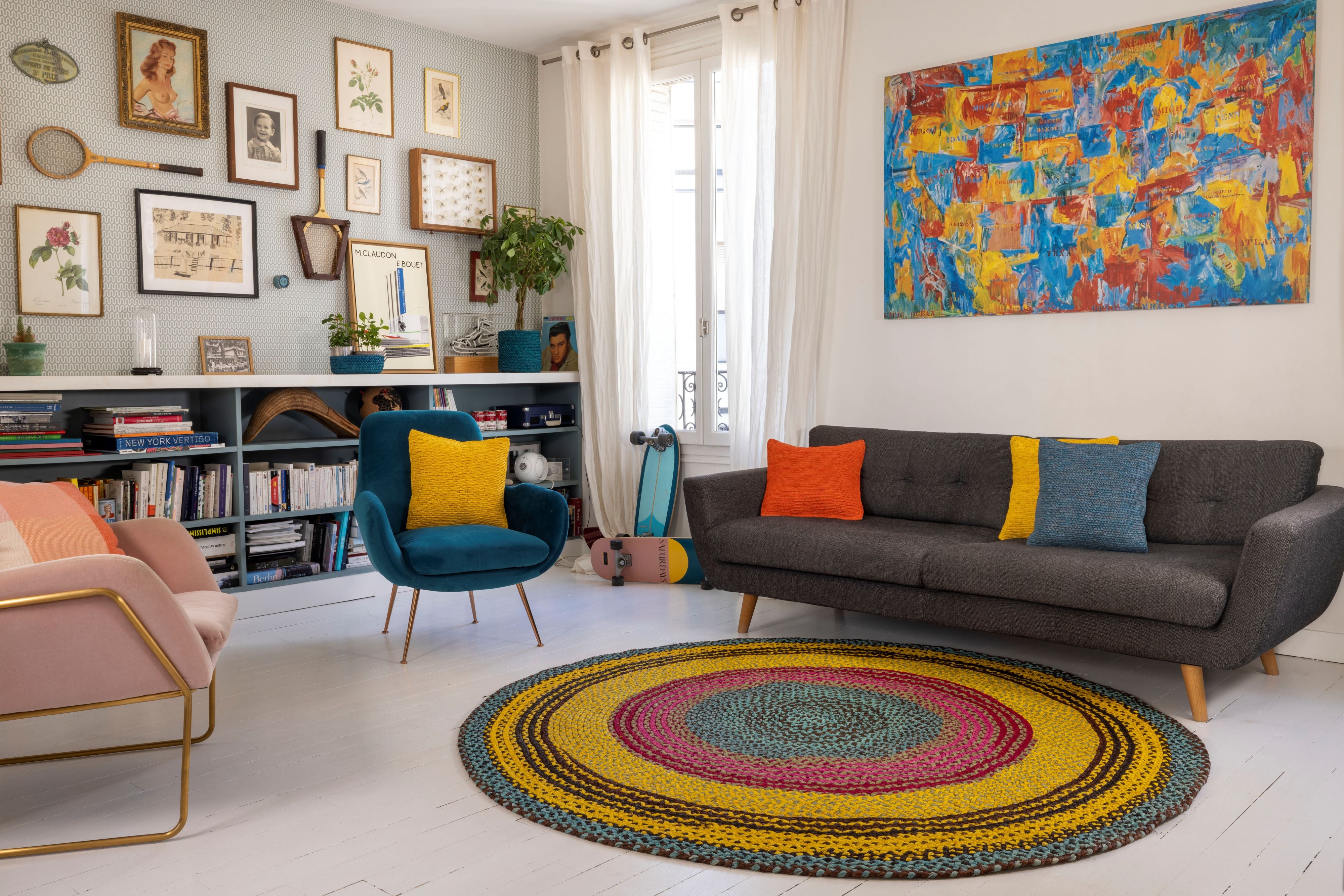 Tapis en raphia rond bleu turquoise, jaune et rose – 200 cm