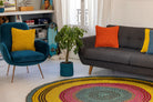 Tapis en raphia rond bleu turquoise, jaune et rose – 200 cm