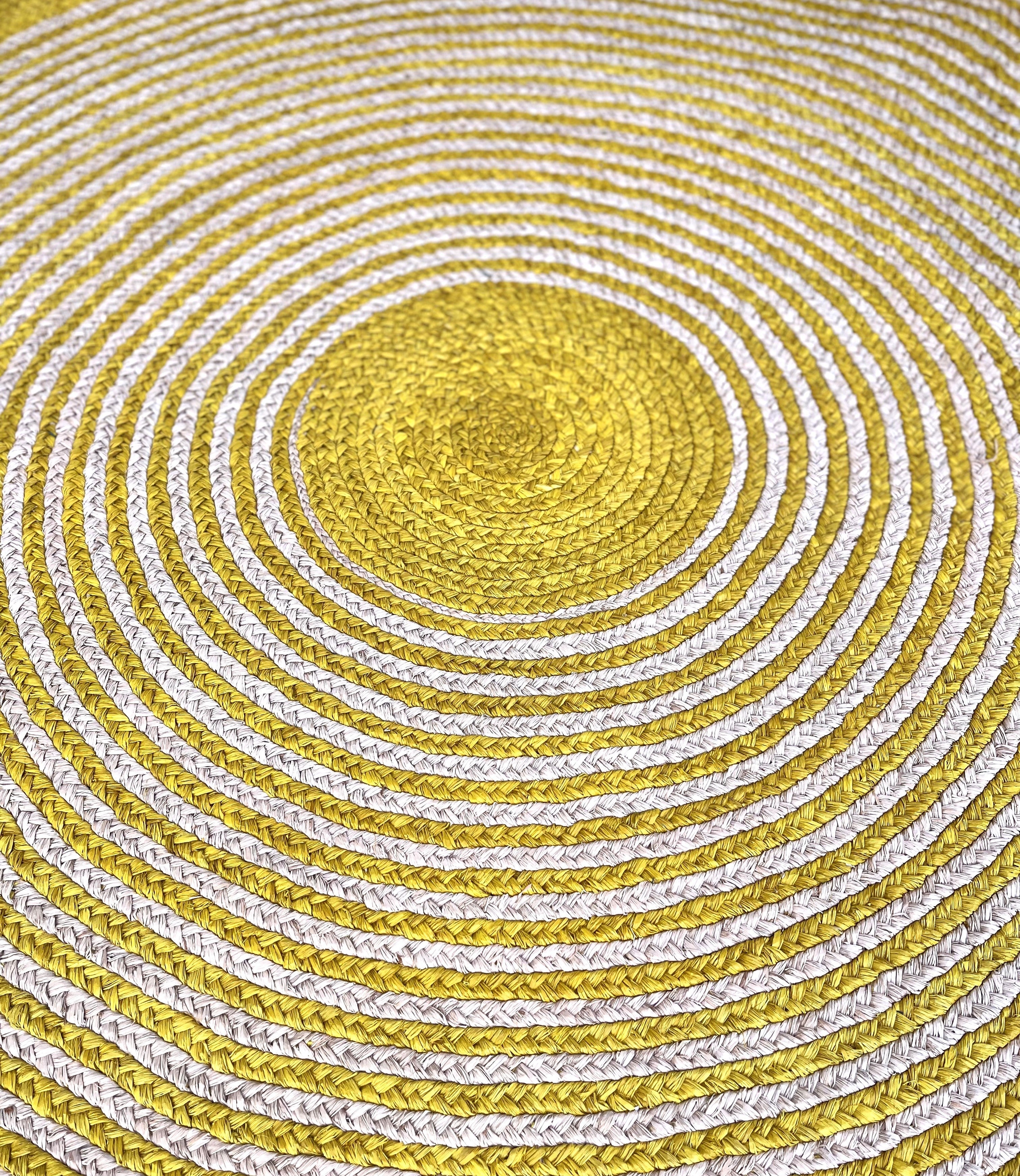 Tapis en raphia rond jaune citron et naturel (blanc) – 200 cm