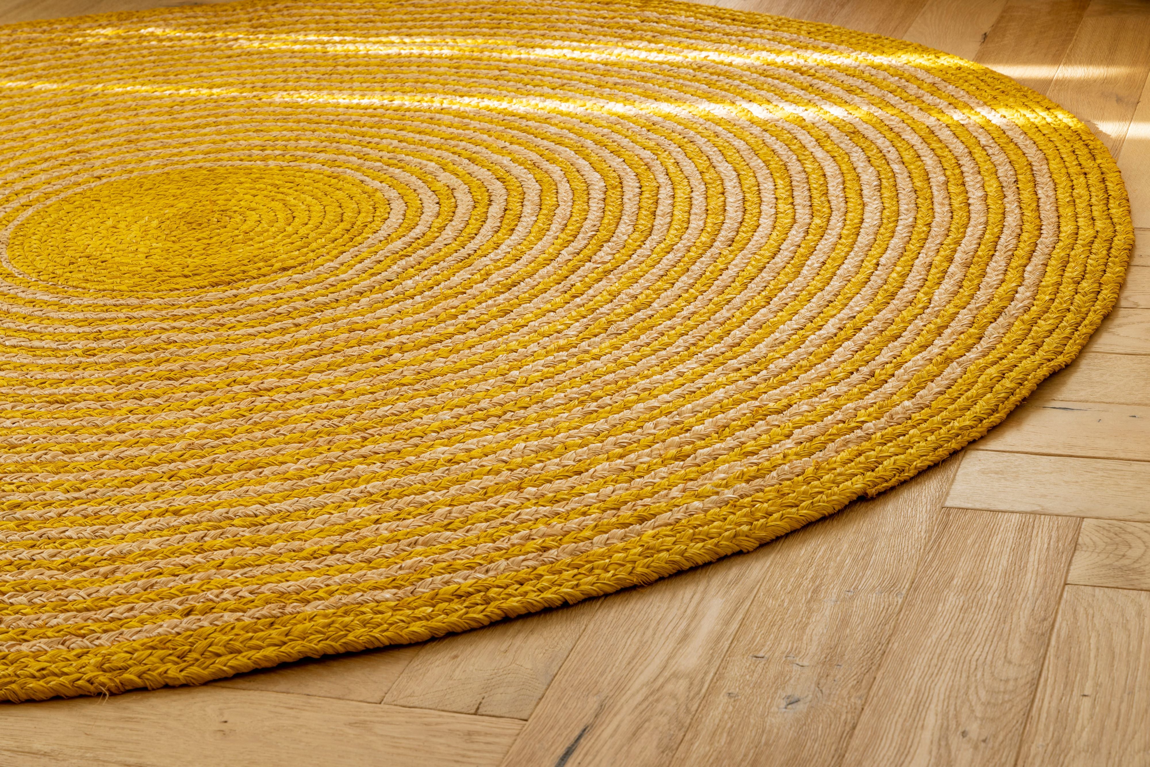 Tapis en raphia rond jaune citron et naturel (blanc) – 200 cm