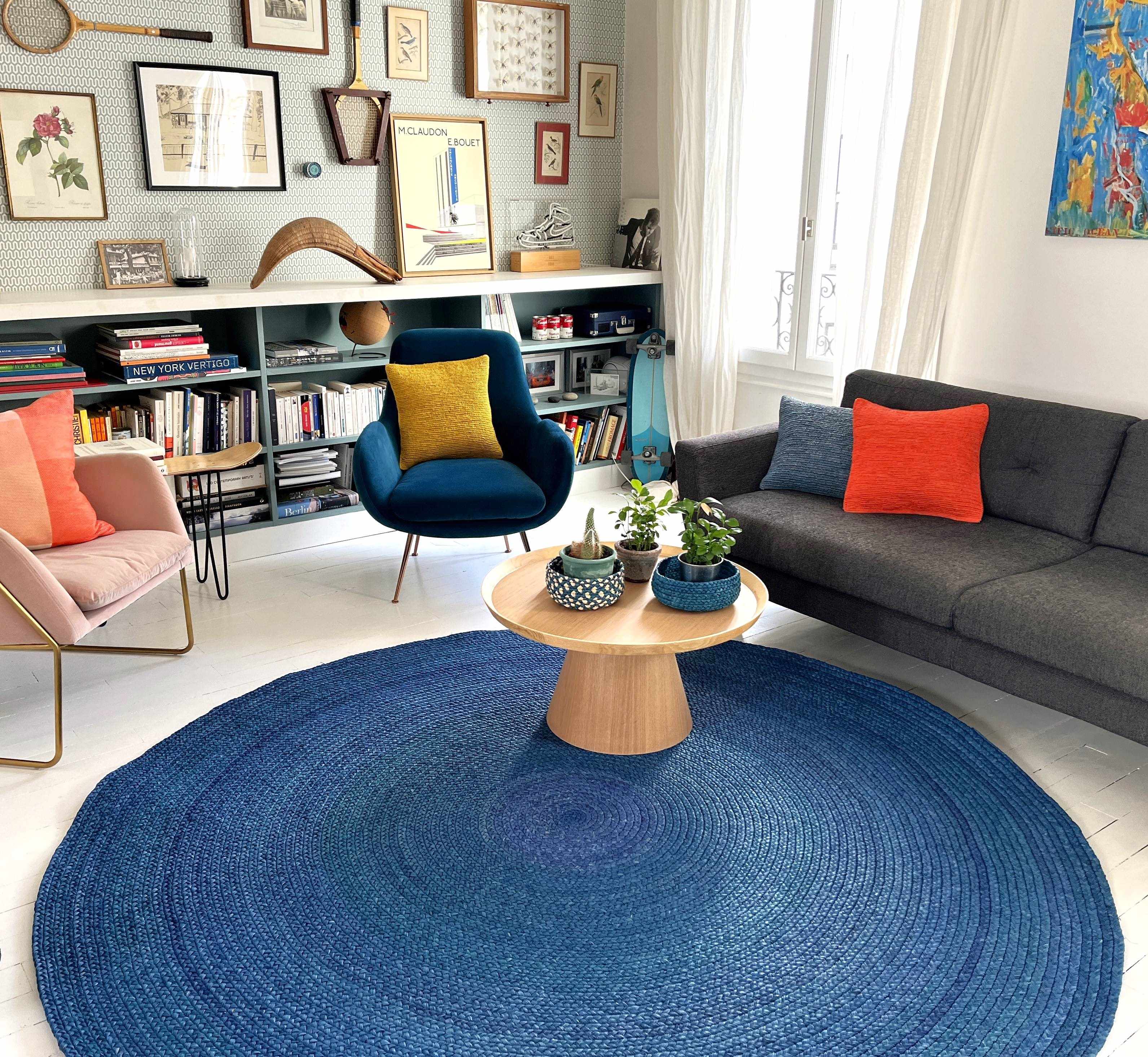 Tapis en raphia rond bleu indigo – 220 cm