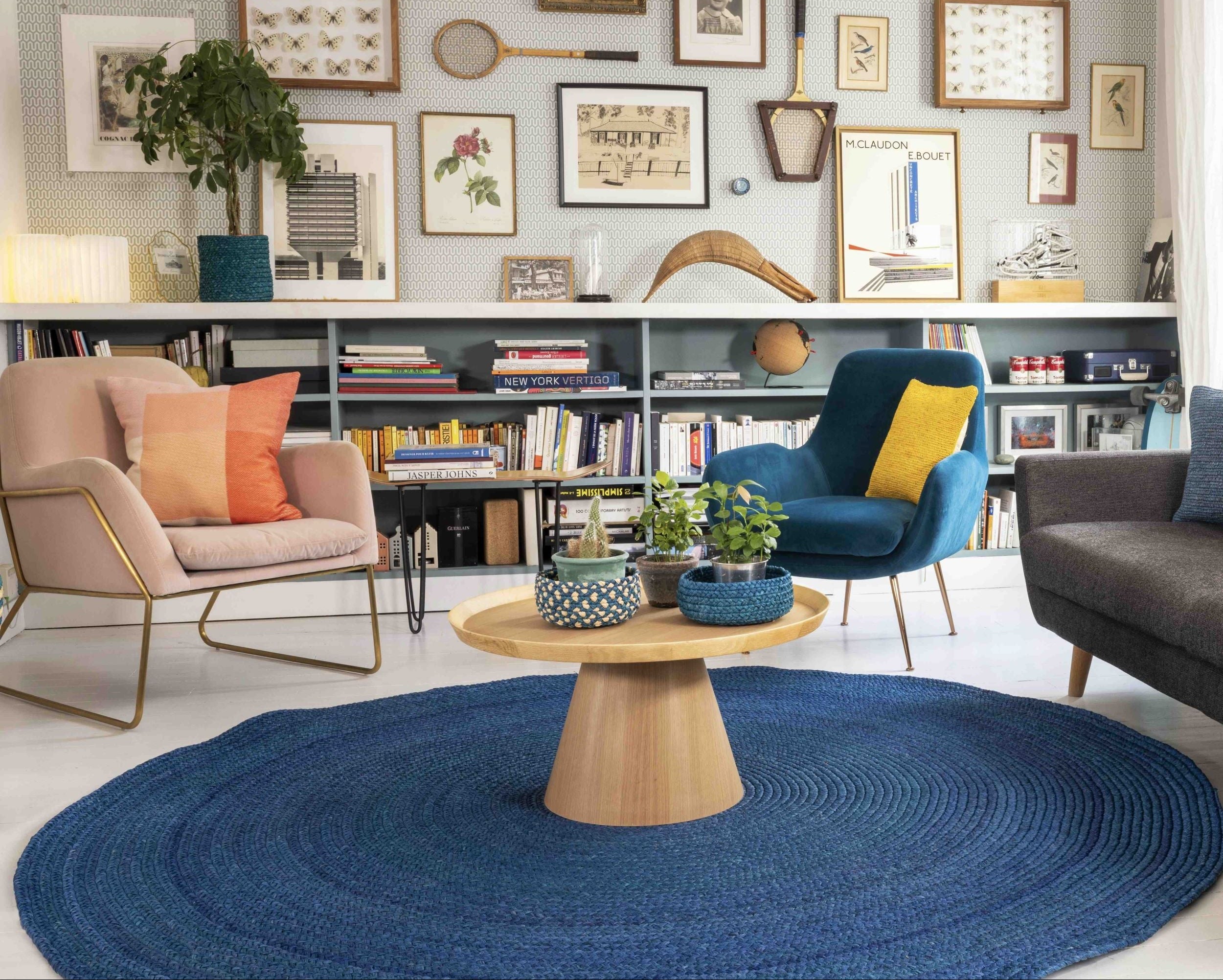 Tapis en raphia rond bleu indigo – 220 cm