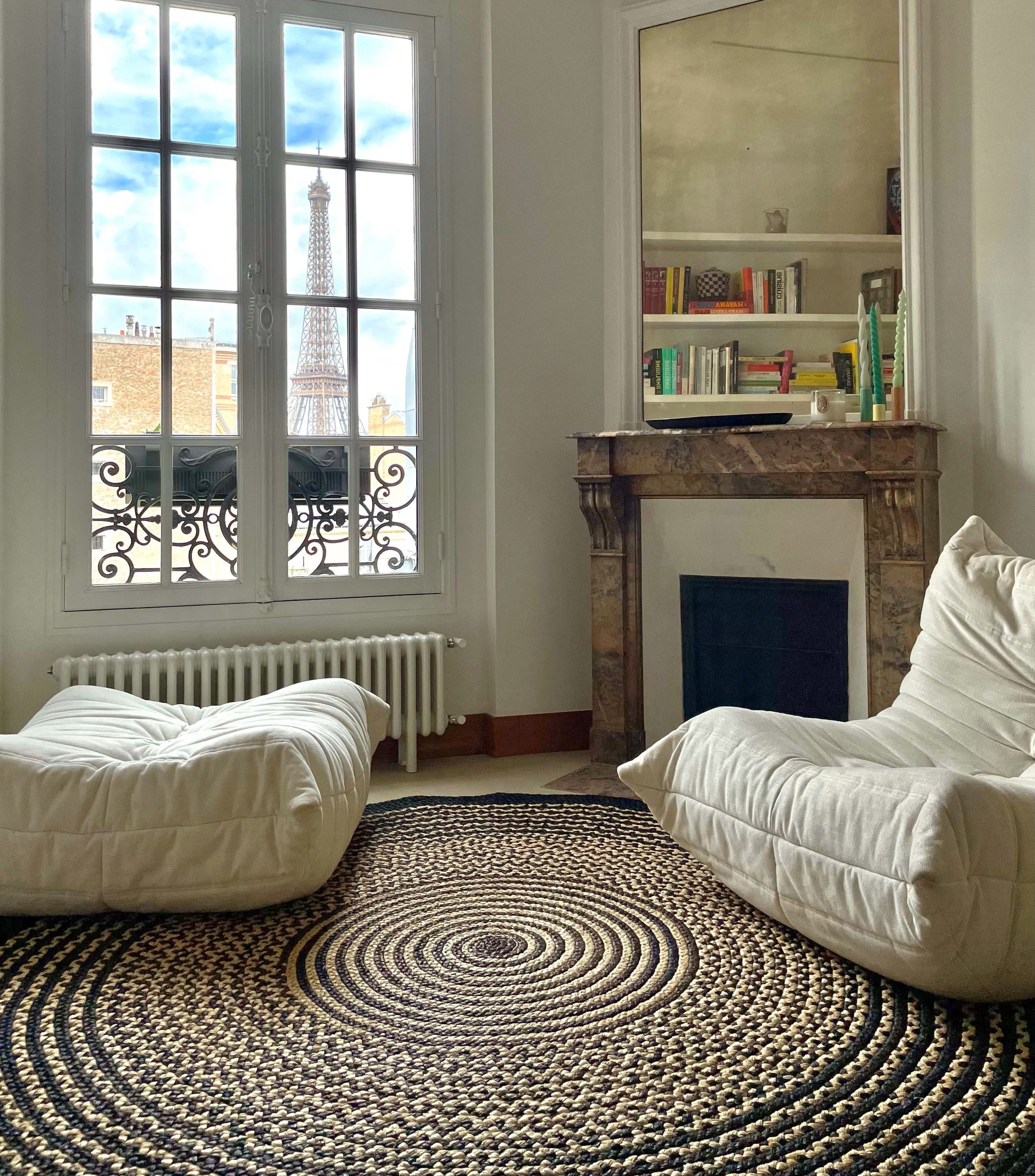 Tapis en raphia rond naturel et noir – 200 cm