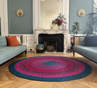 Tapis en raphia rond rose fuchsia, bleu vert profond et brun – 200 cm