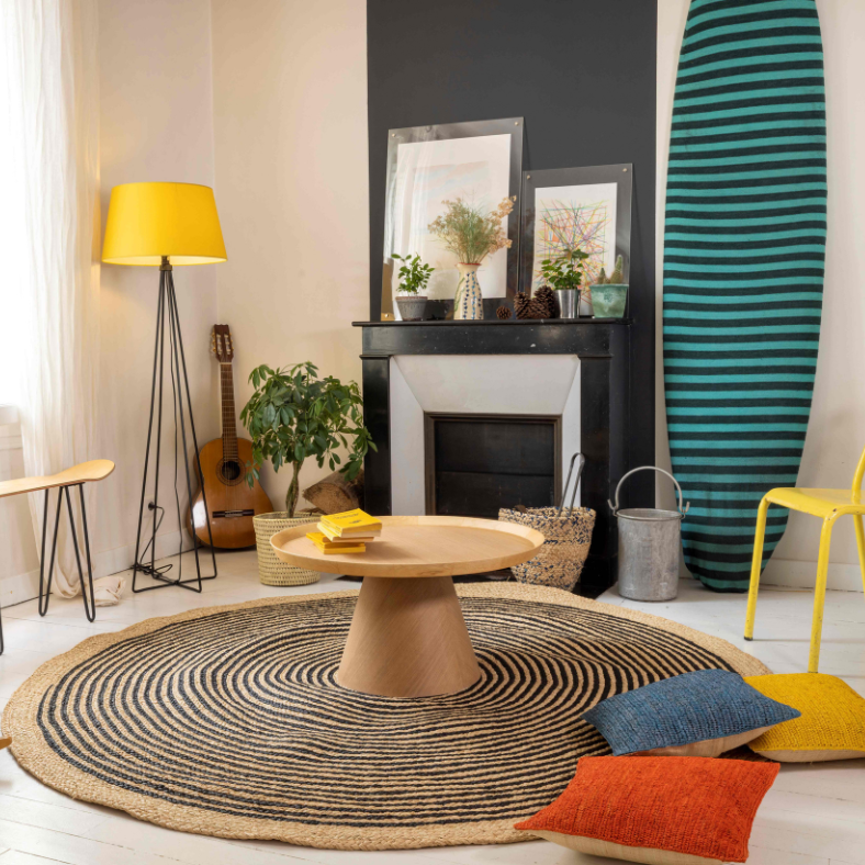 Tapis en raphia rond noir, blanc et naturel – 200 cm