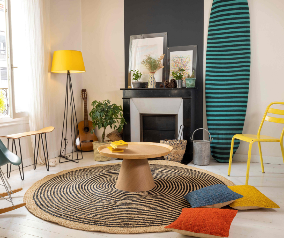 Tapis en raphia rond noir, blanc et naturel – 200 cm