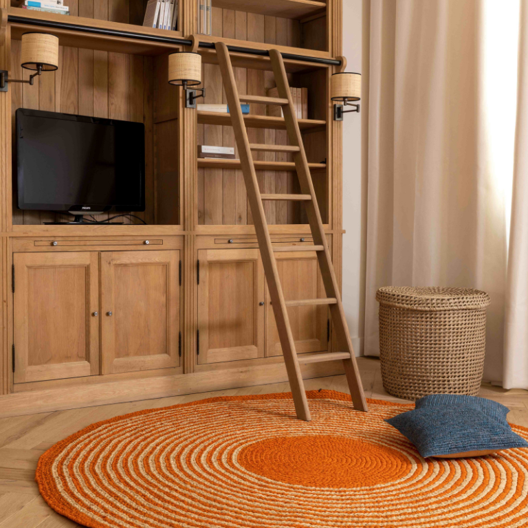 Tapis en raphia rond naturel et orange – 200 cm