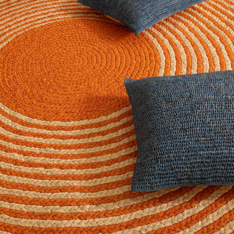 Tapis en raphia rond naturel et orange – 200 cm