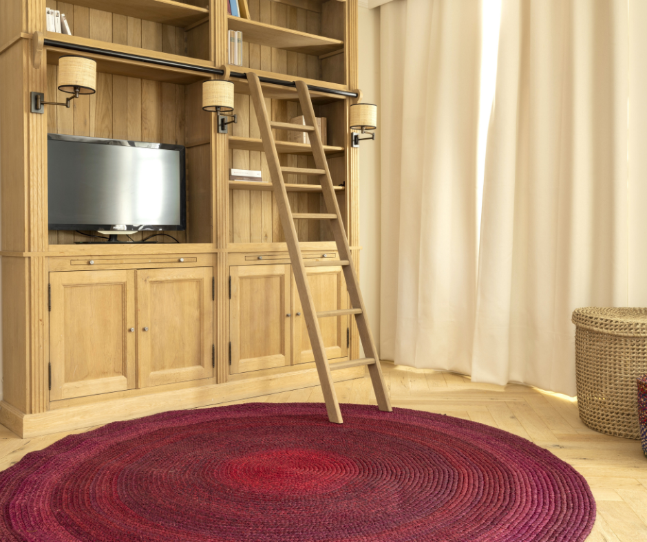 Tapis en raphia rond rose indien, rouge bordeaux et prune – 210 cm