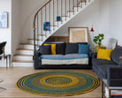 Tapis en raphia rond bleu vif, jaune citron et brun – 200 cm