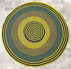 Tapis en raphia rond bleu vif, jaune citron et brun – 200 cm