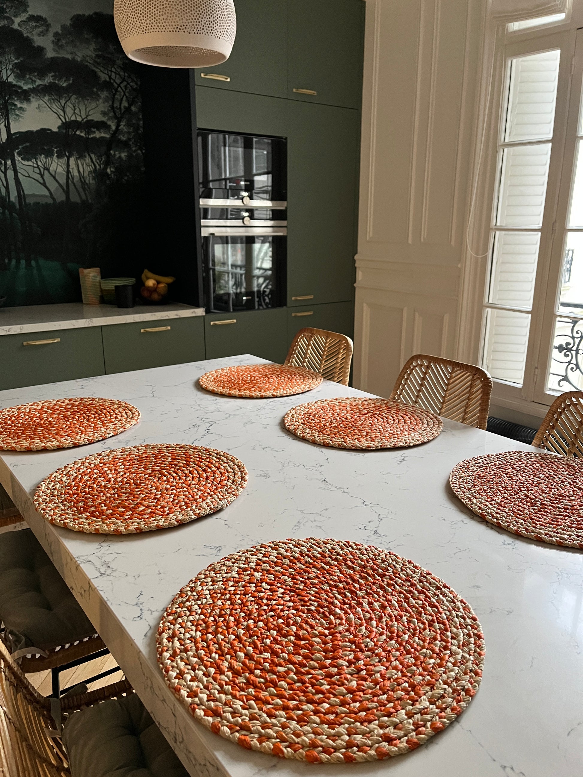 Lot de 6 x sets de table ronds en raphia naturel & orange - Blandine Intimani Ethnique chic