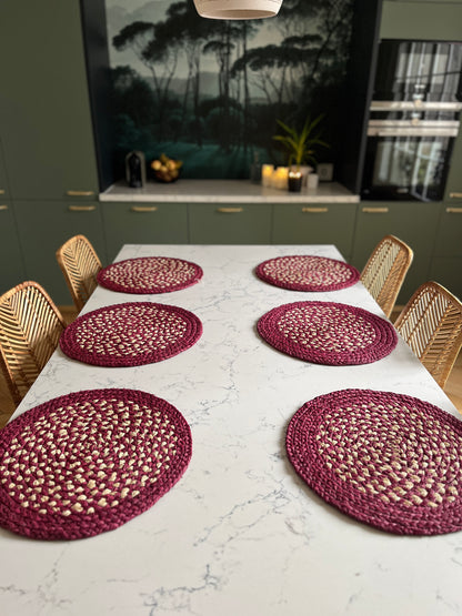 Lot de 6 x sets de table ronds en raphia naturel & prune - Juliana Intimani Ethnique chic