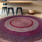 Tapis rond artisanal en raphia naturel, prune, rouge et bleu, 200 cm.