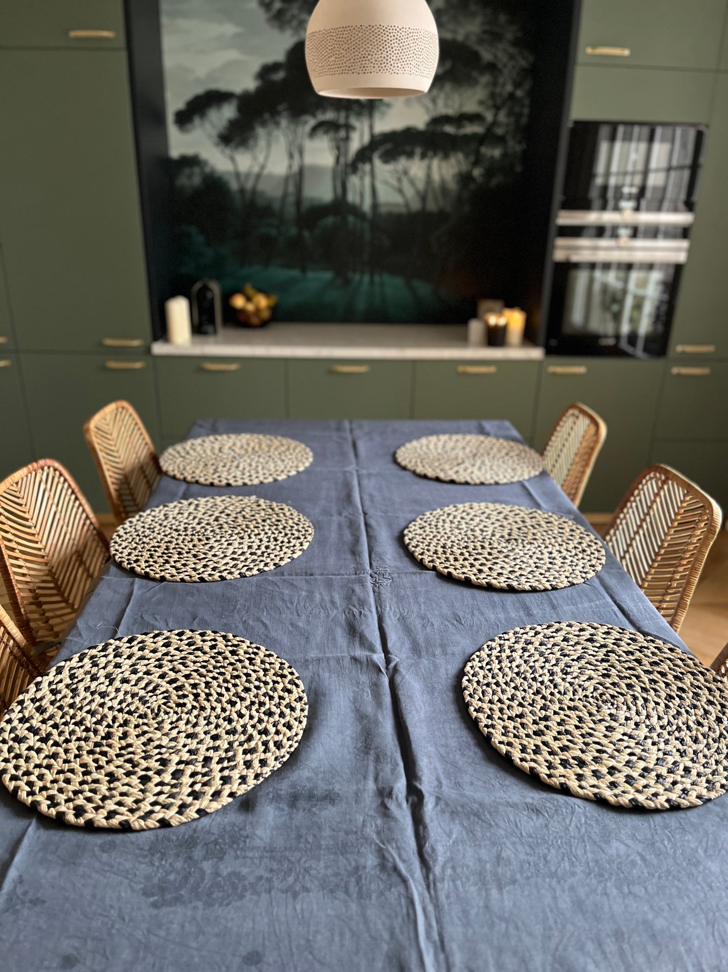 Lot de 6 x sets de table ronds en raphia naturel & noir - Laurette Intimani Ethnique chic
