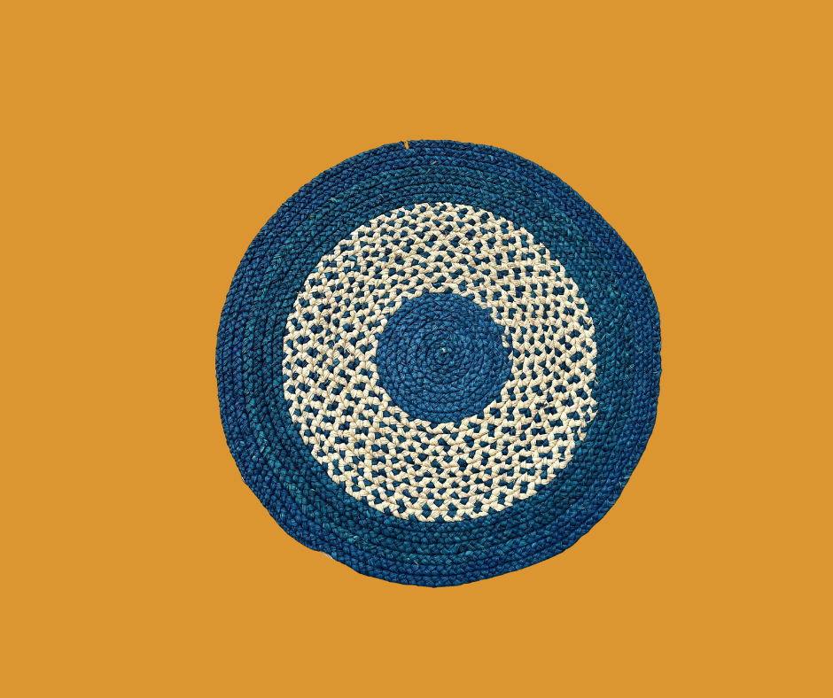Tapis rond en raphia naturel & bleu - Soafara - 60cm Intimani Ethnique chic