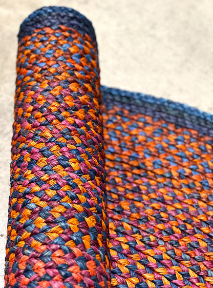 Tapis rond en raphia bleu, rose & orange - Claire - 170 cm Intimani Ethnique chic