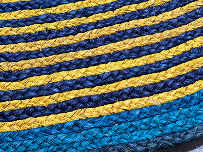 Tapis rond raphia bleu & jaune 200cm- Albertine Intimani Ethnique chic